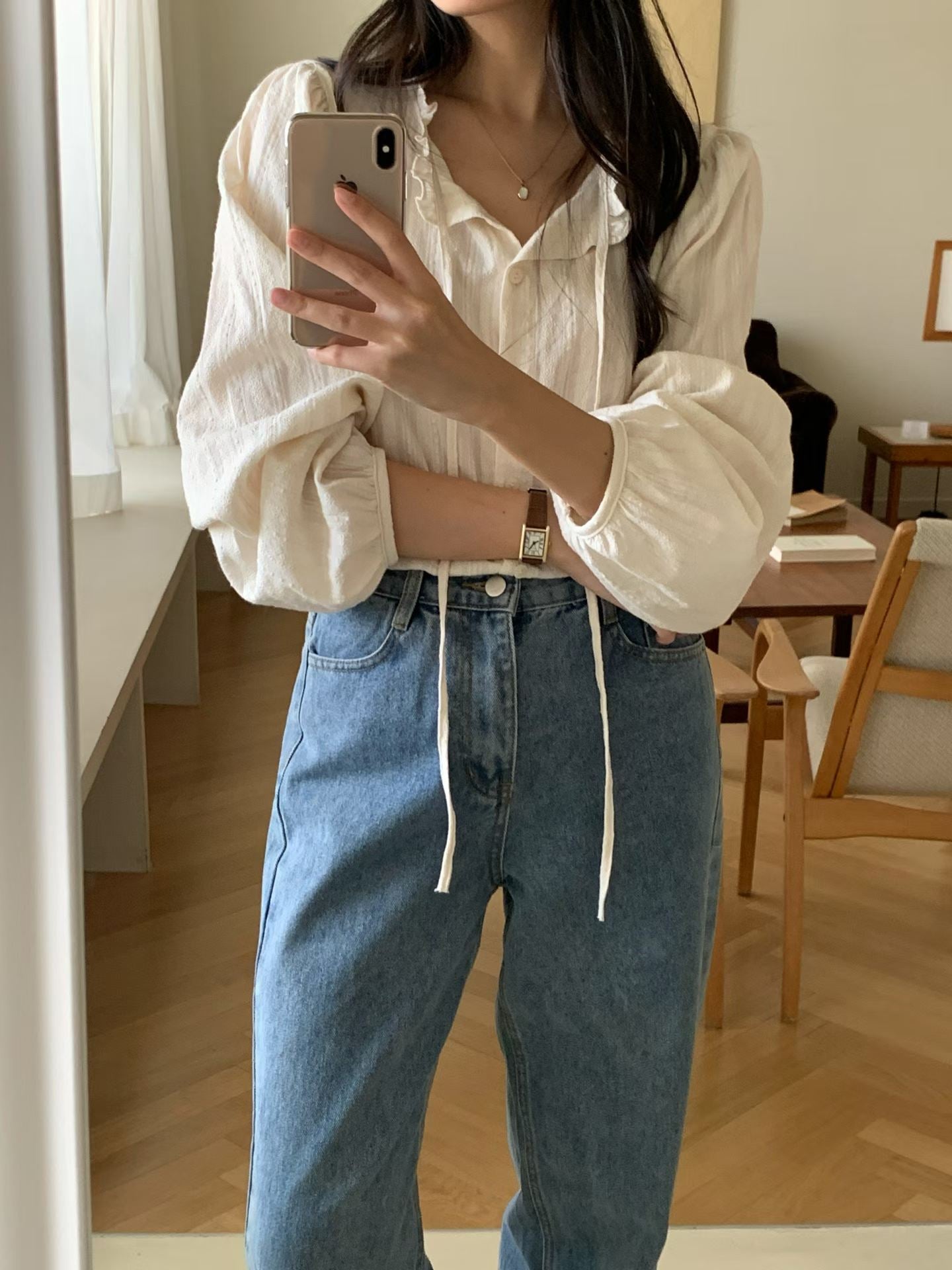 Camel frill blouse-3col
