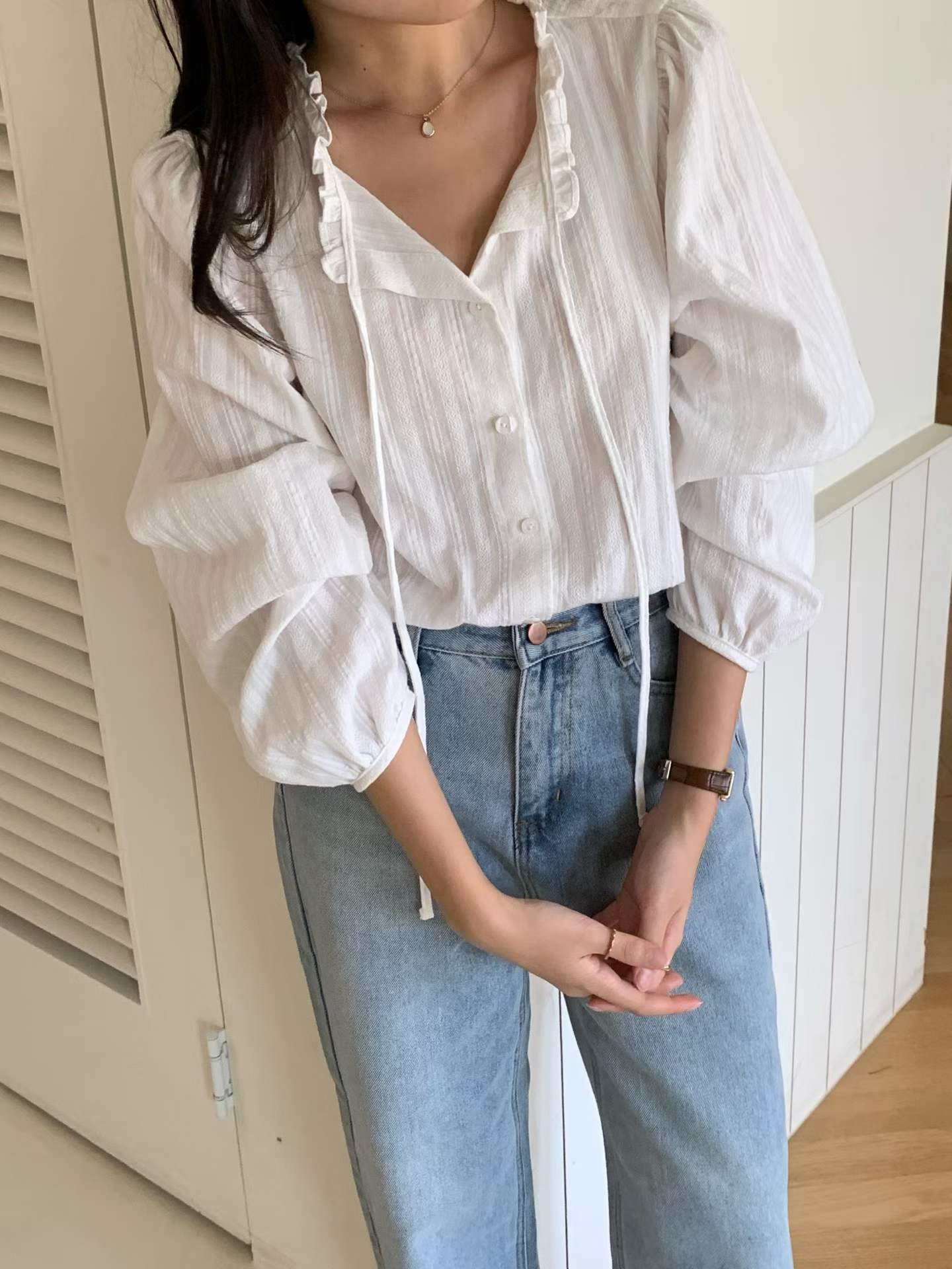 Camel frill blouse-3col
