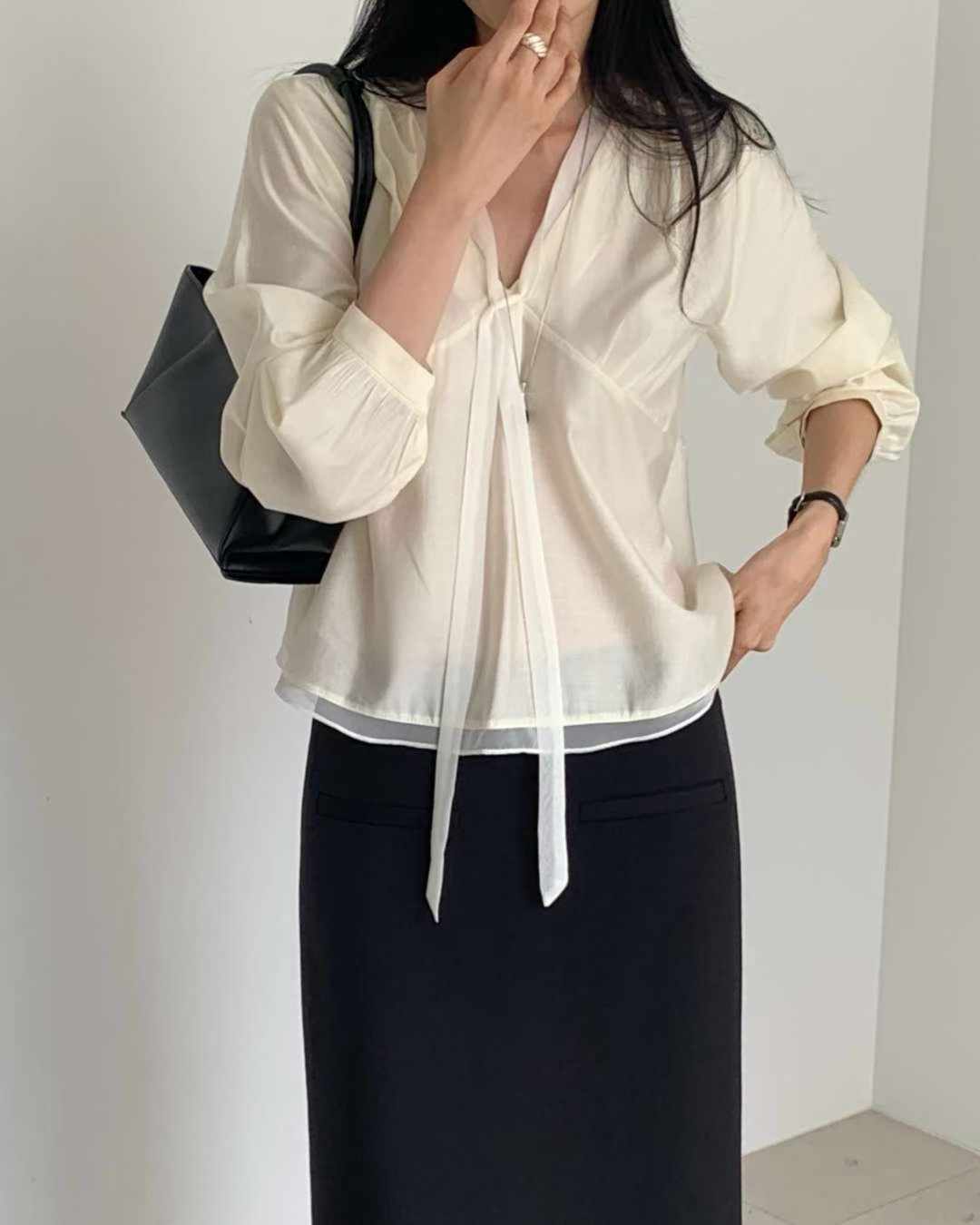 mone chiffon tie blouse-2col