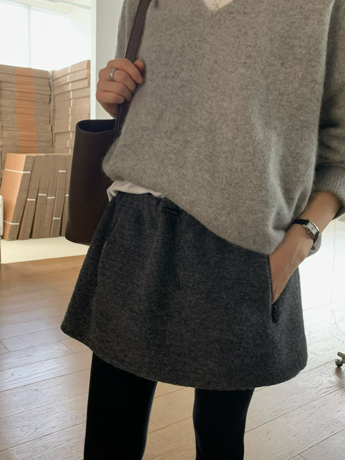 Ounce wool bouclé string skirt-2col