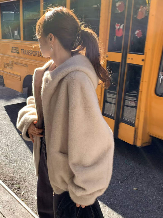 Ounce mink hooded fur zipper jacket