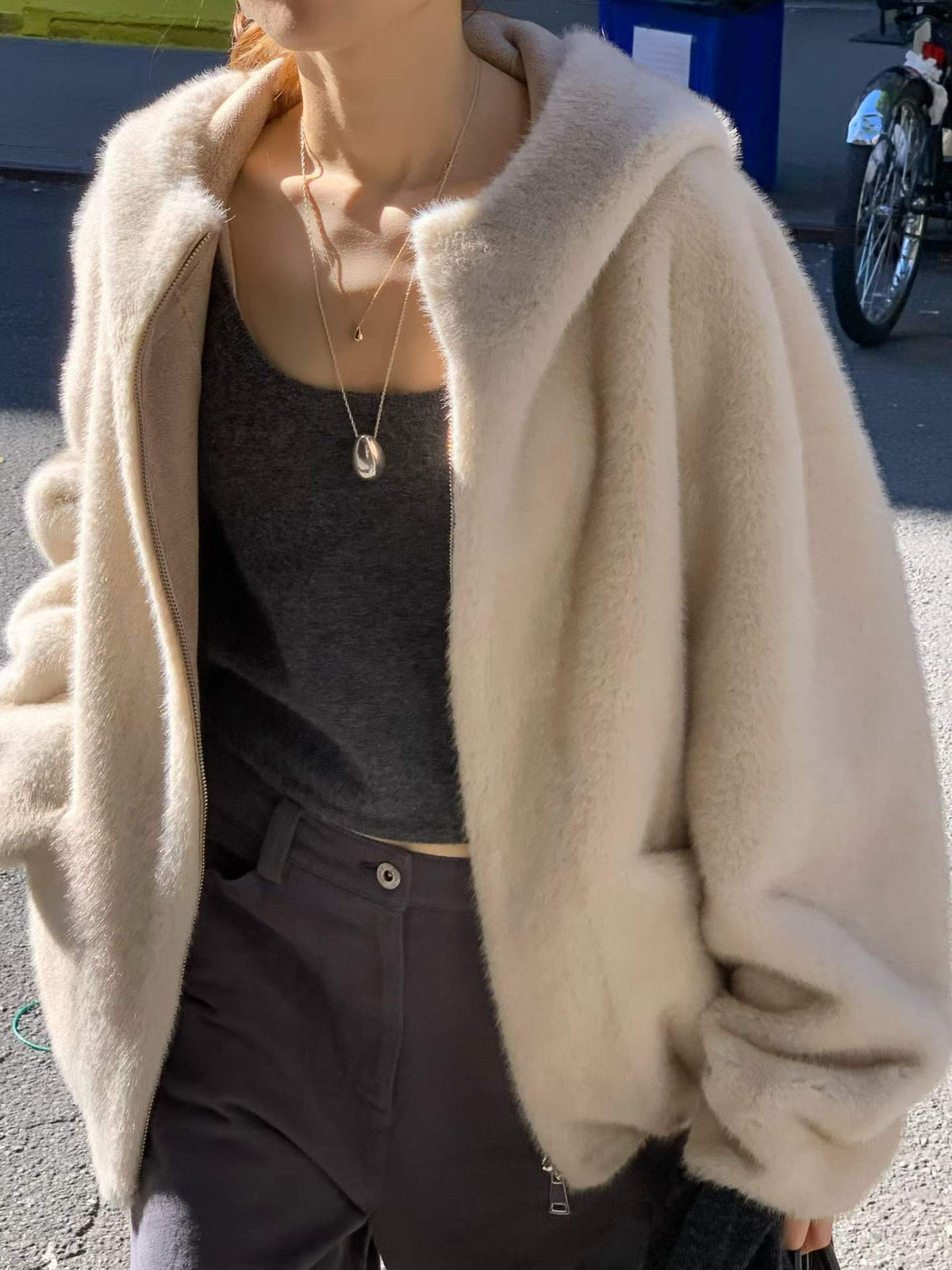 Ounce mink hooded fur zipper jacket