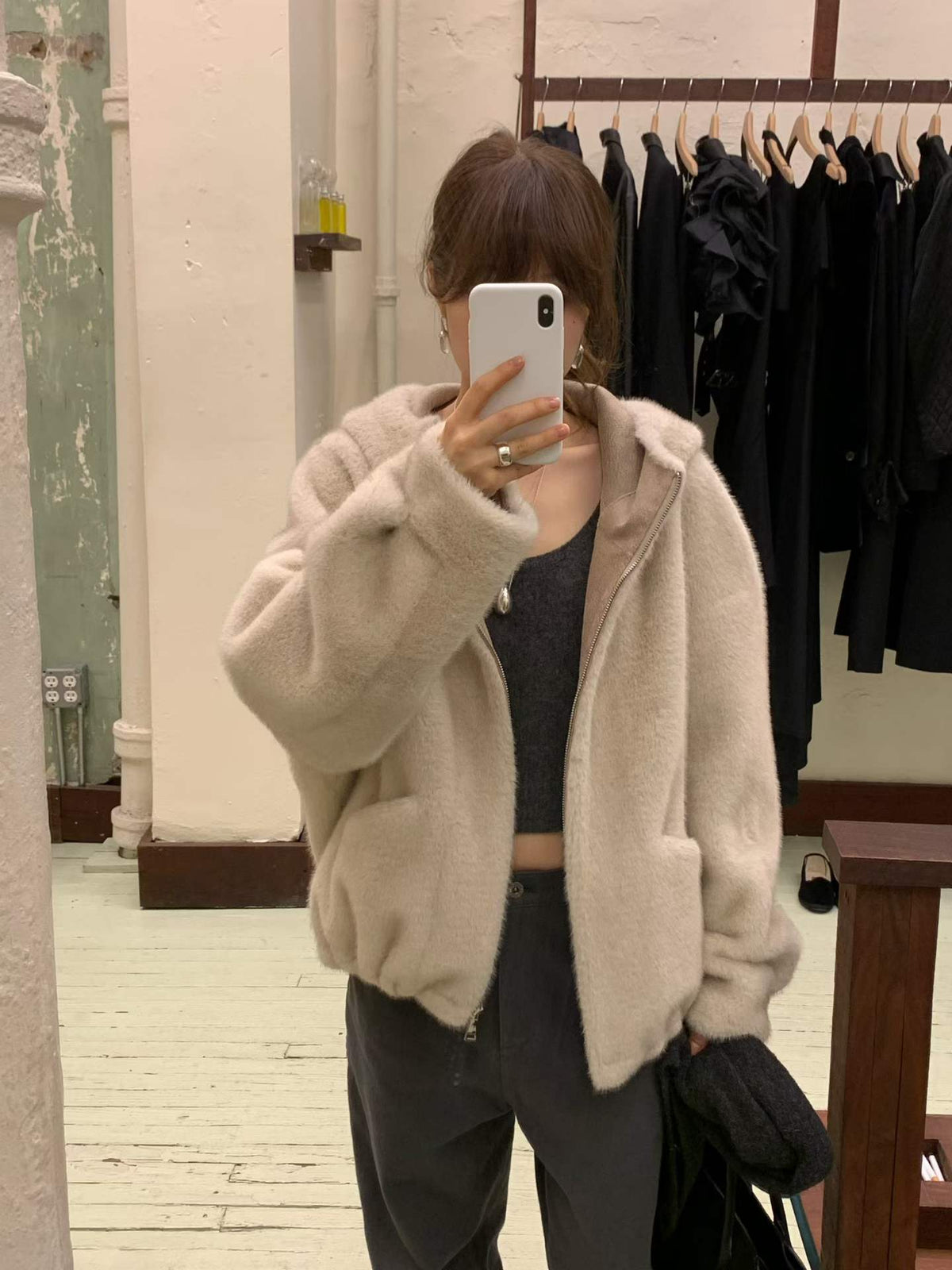 Ounce mink hooded fur zipper jacket