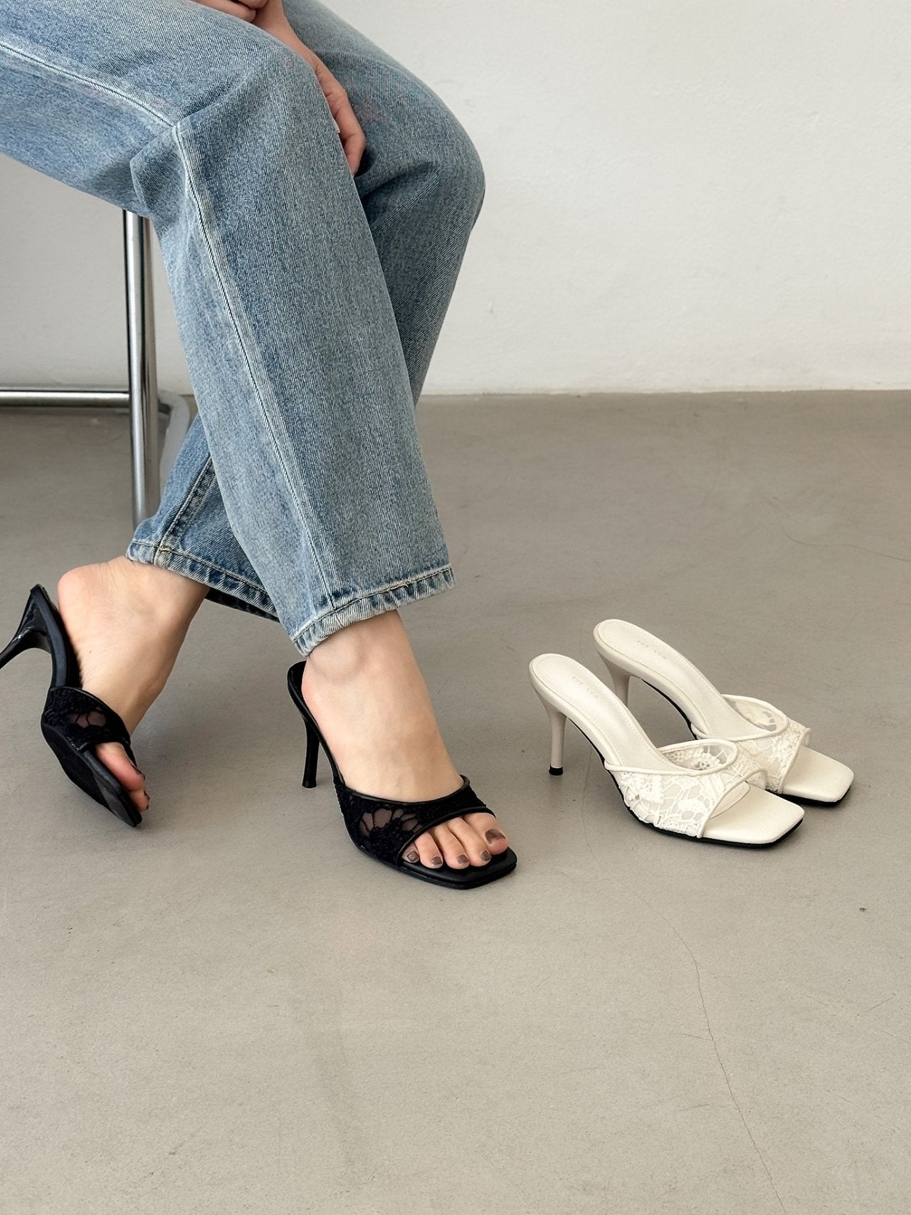 lace see-through square mule