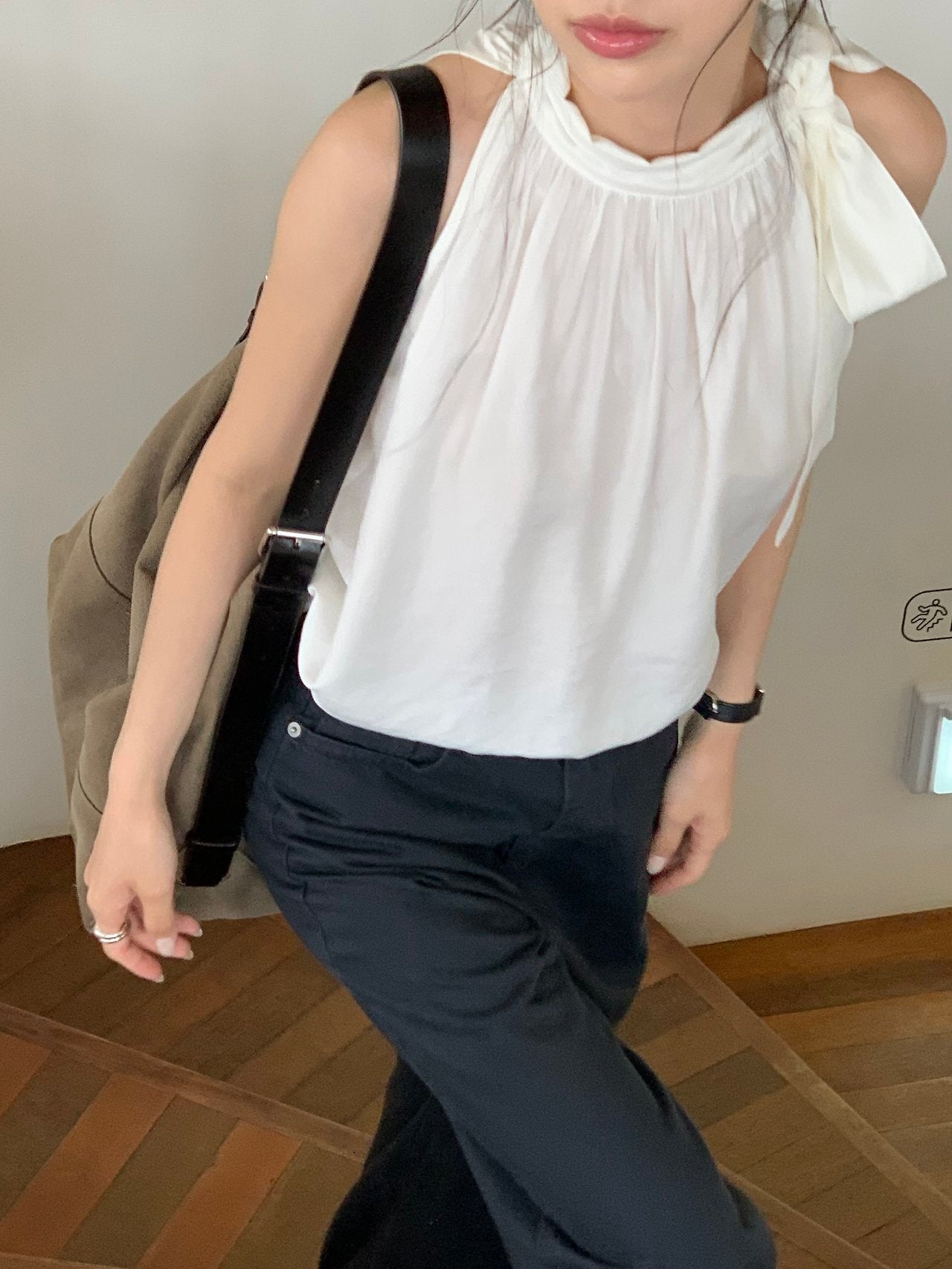Vivien Shirring Neck Ribbon Blouse-2col