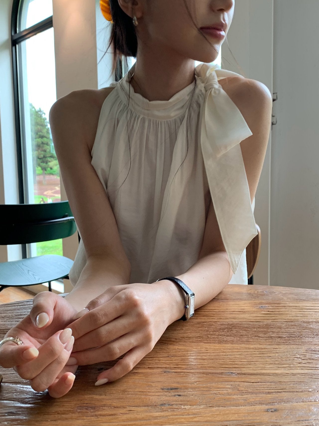 Vivien Shirring Neck Ribbon Blouse-2col