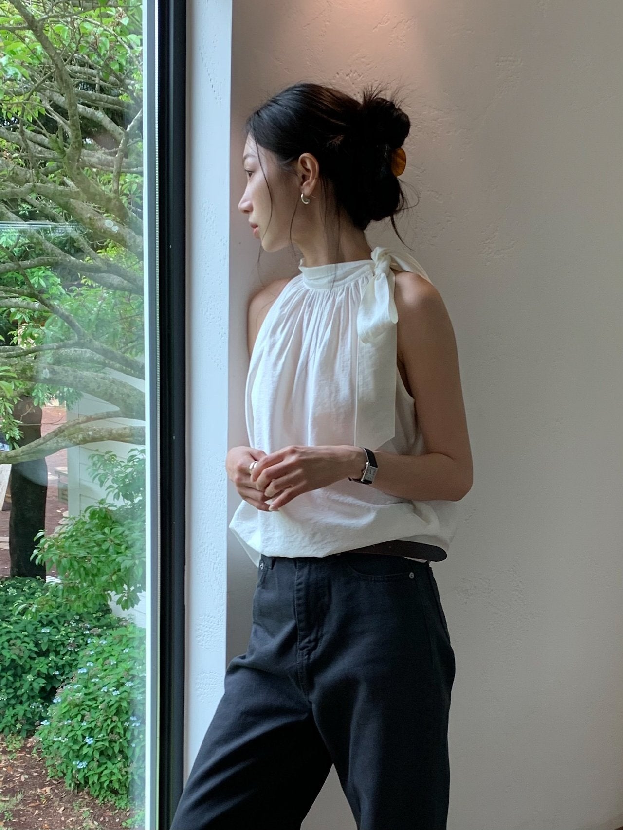Vivien Shirring Neck Ribbon Blouse-2col