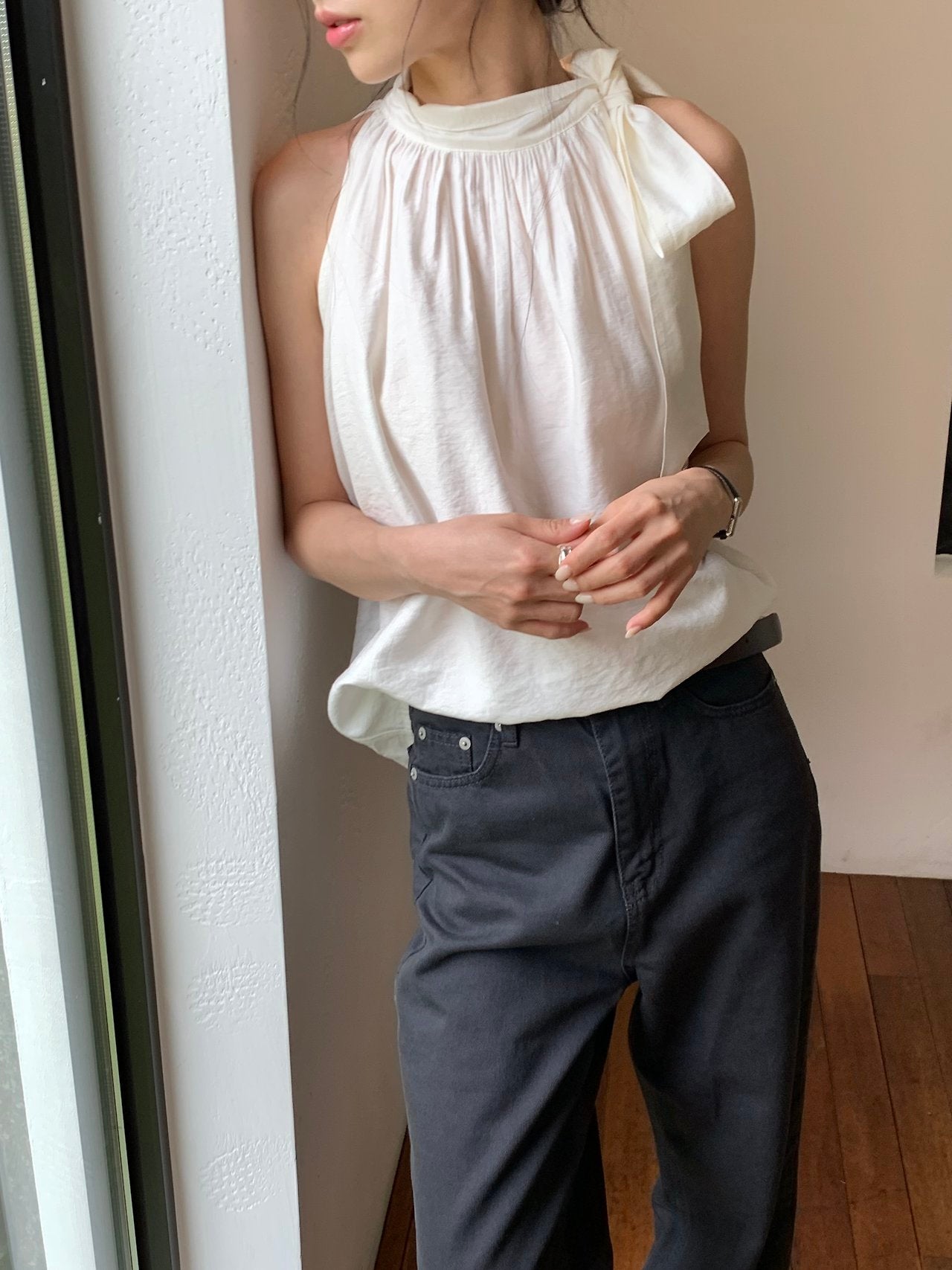Vivien Shirring Neck Ribbon Blouse-2col