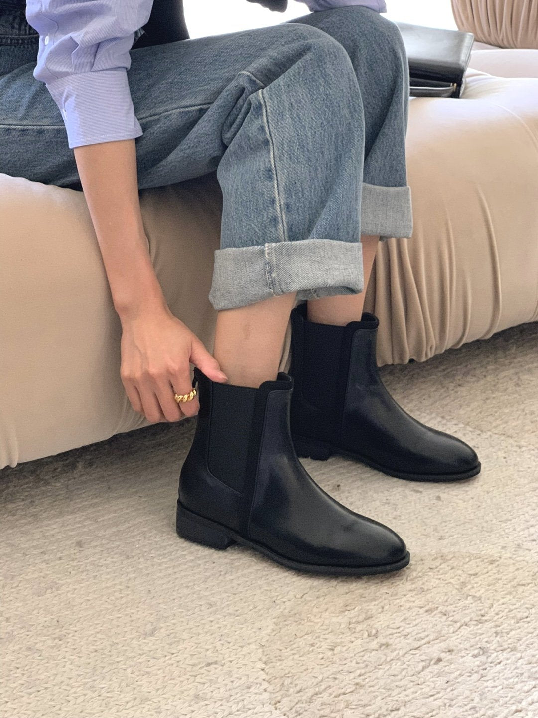 Black banding chelsea ankle boots