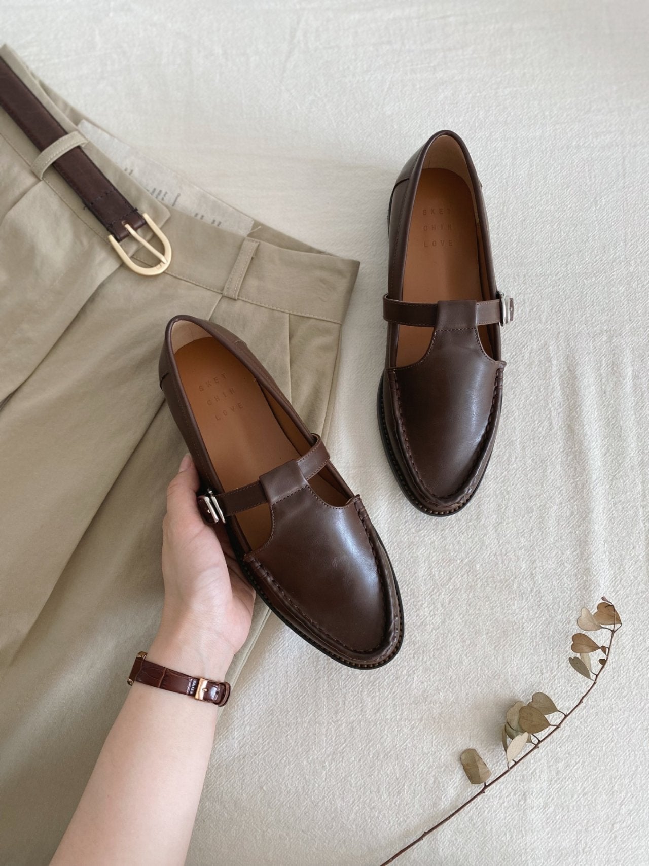 Vintage leather T strap loafers-2col