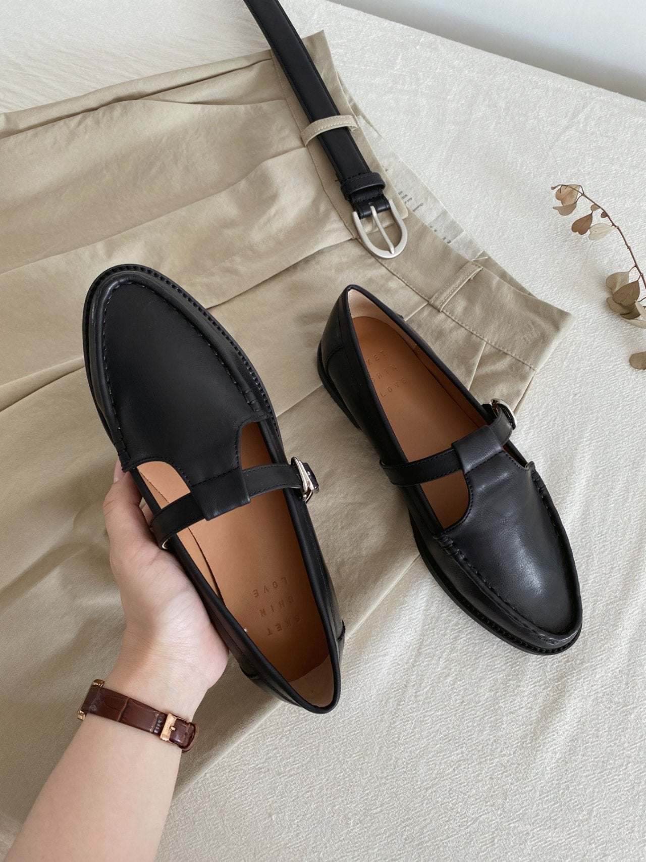 Vintage leather T strap loafers-2col