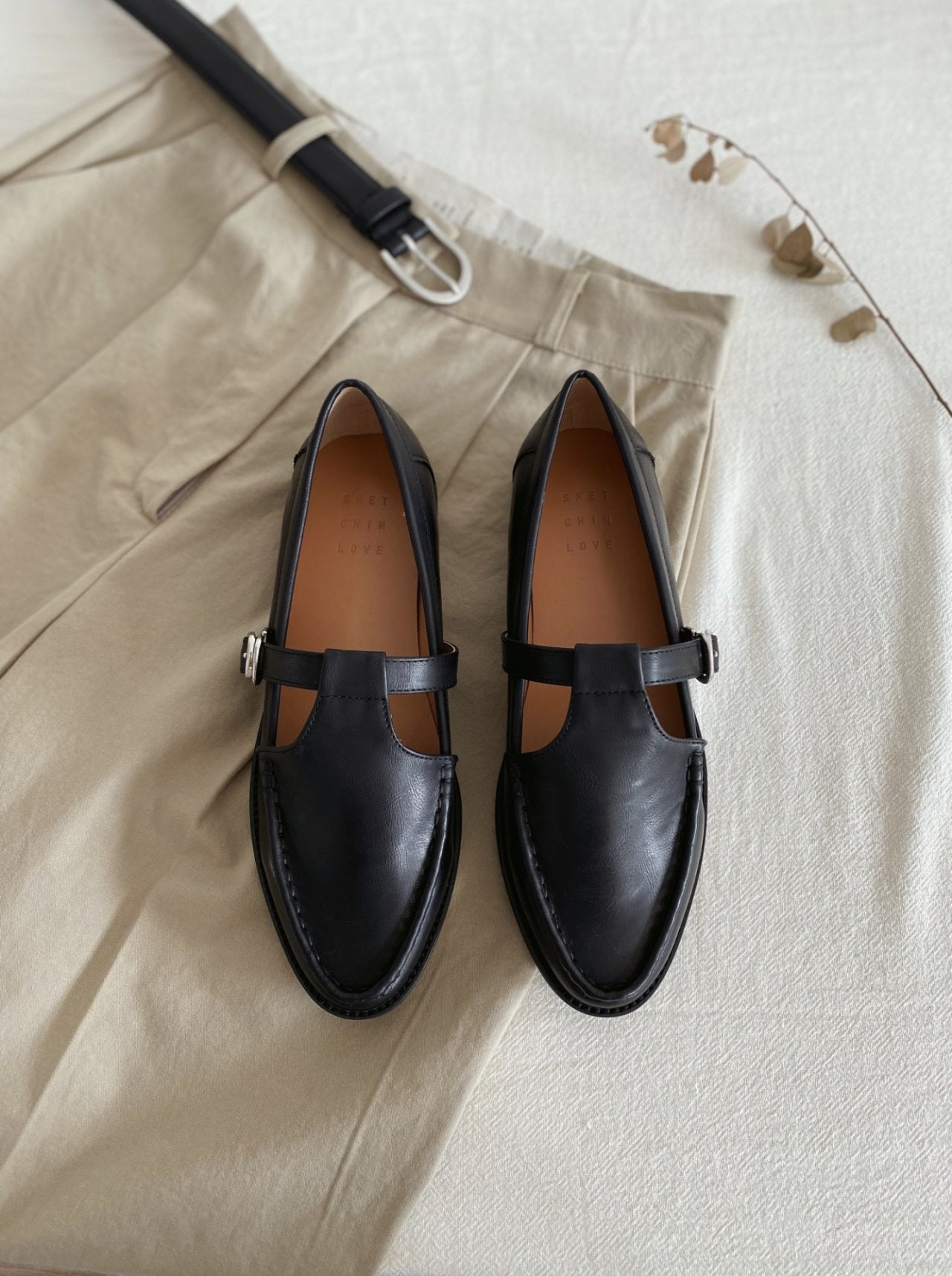 Vintage leather T strap loafers-2col