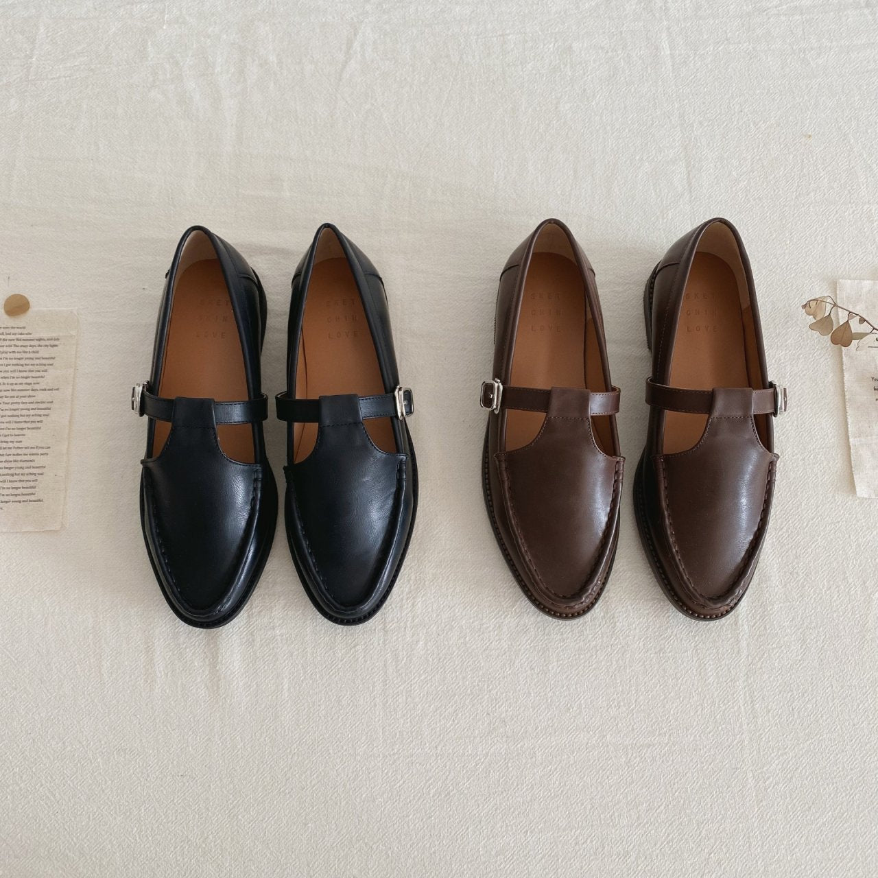 Vintage leather T strap loafers-2col