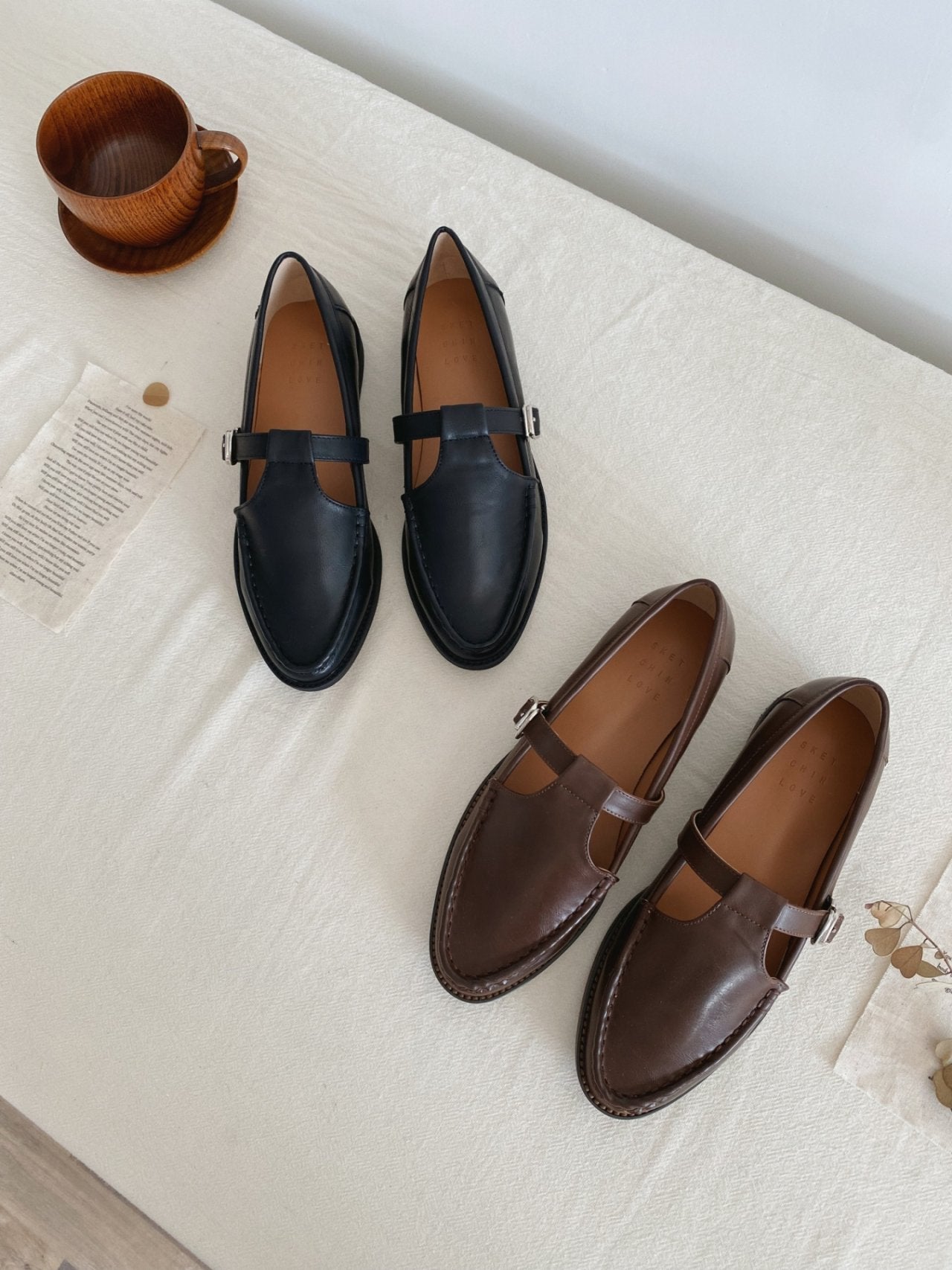 Vintage leather T strap loafers-2col