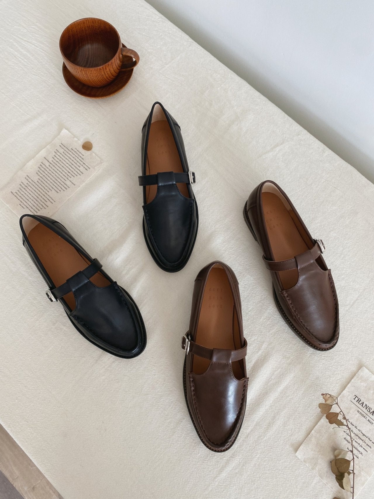 Vintage leather T strap loafers-2col