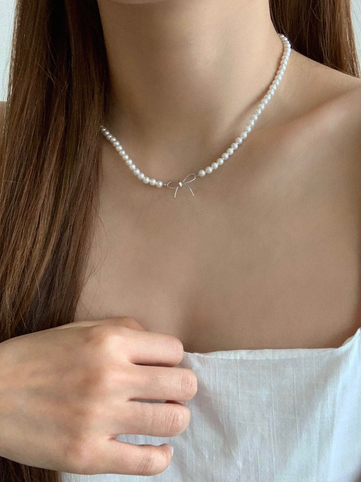 Swal pearl ribbon necklace