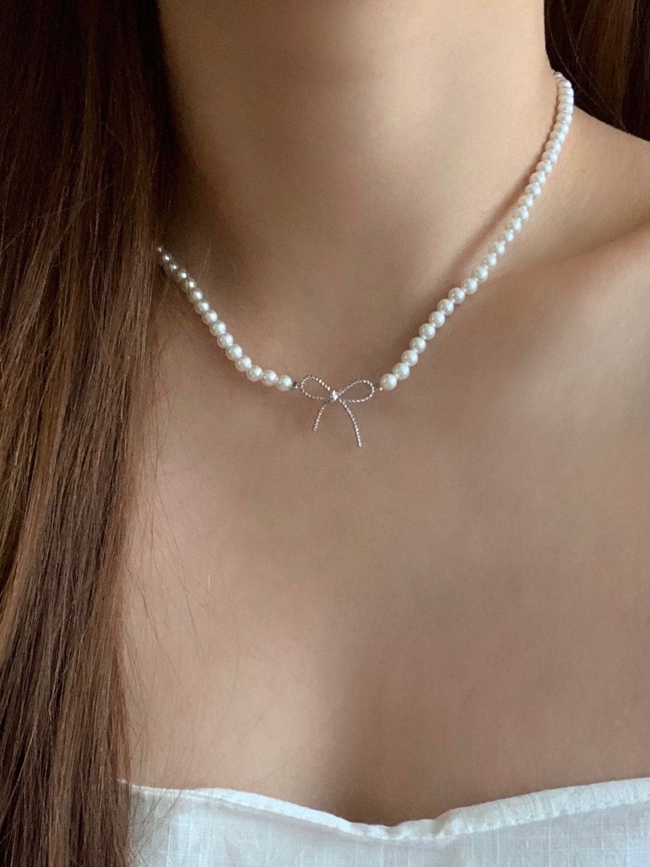 Swal pearl ribbon necklace