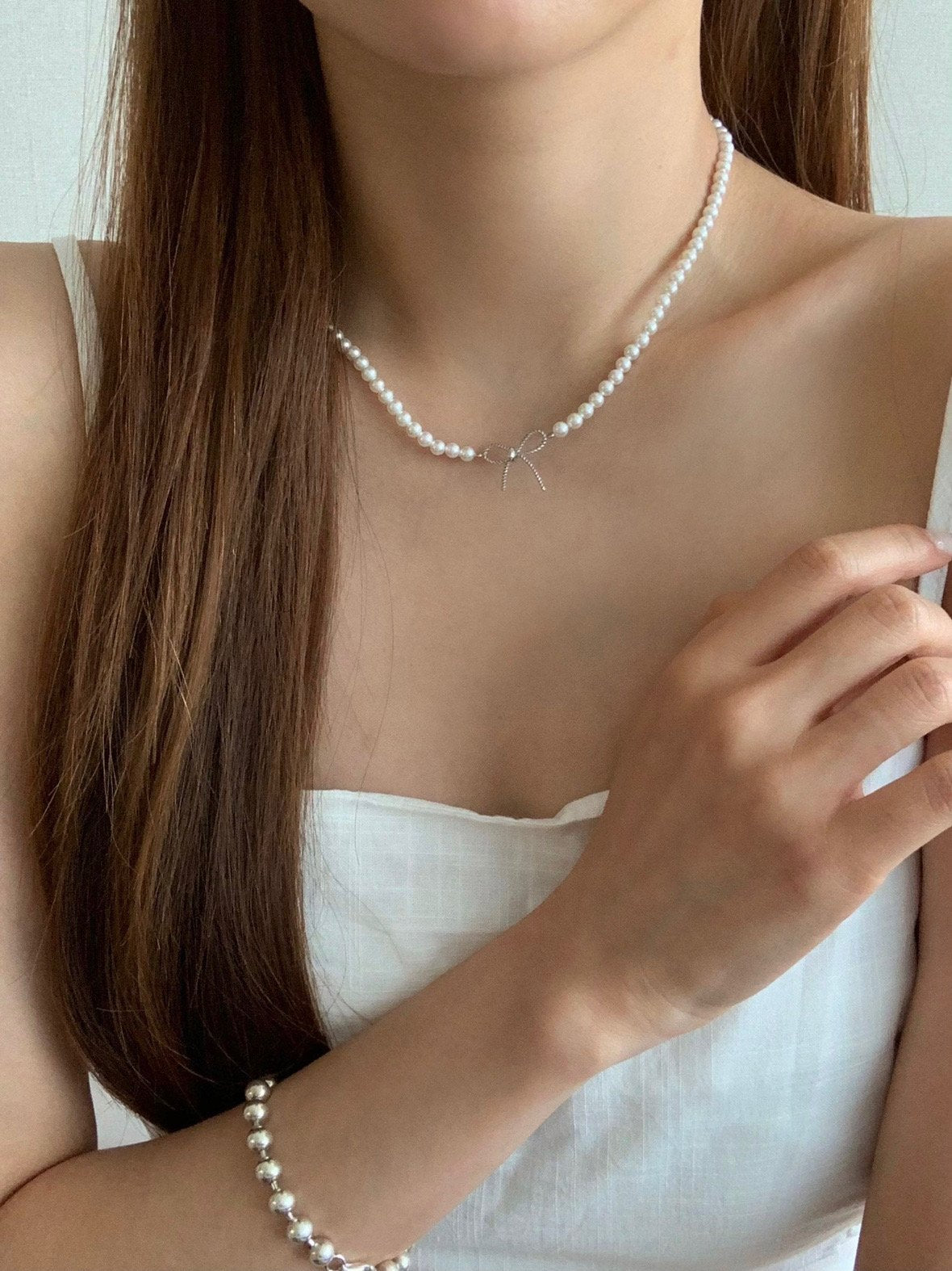 Swal pearl ribbon necklace