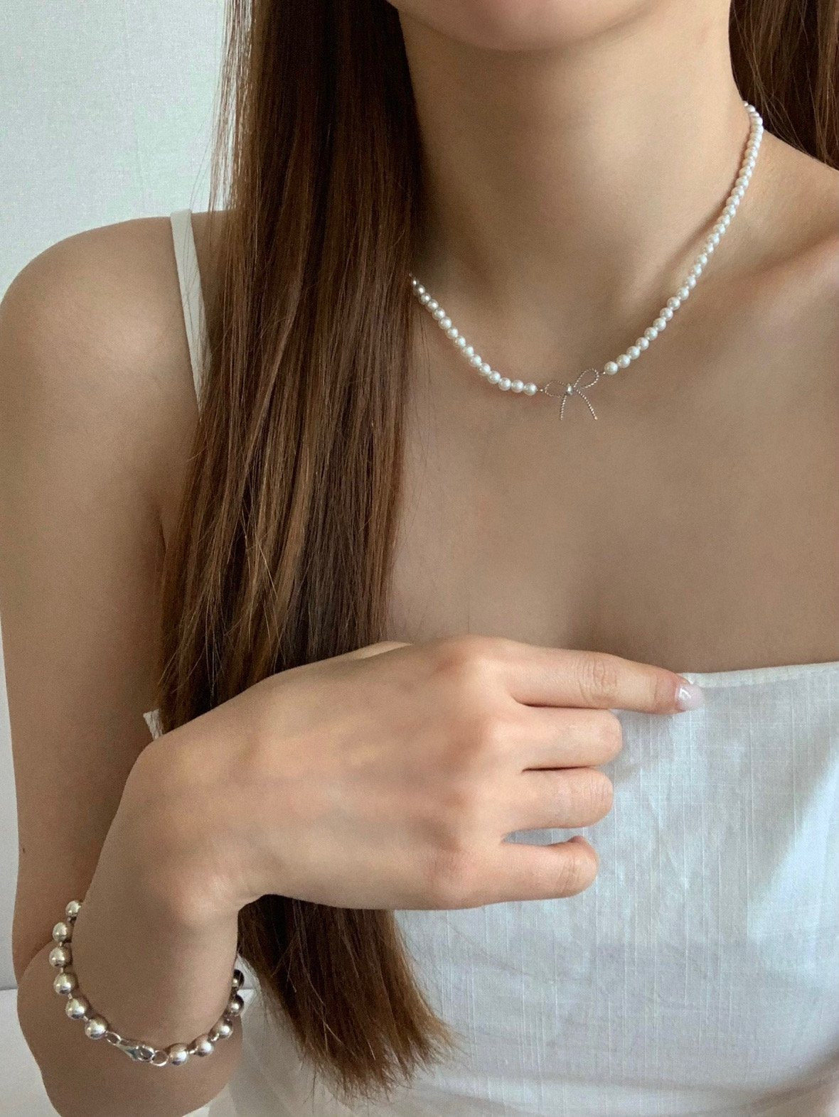 Swal pearl ribbon necklace