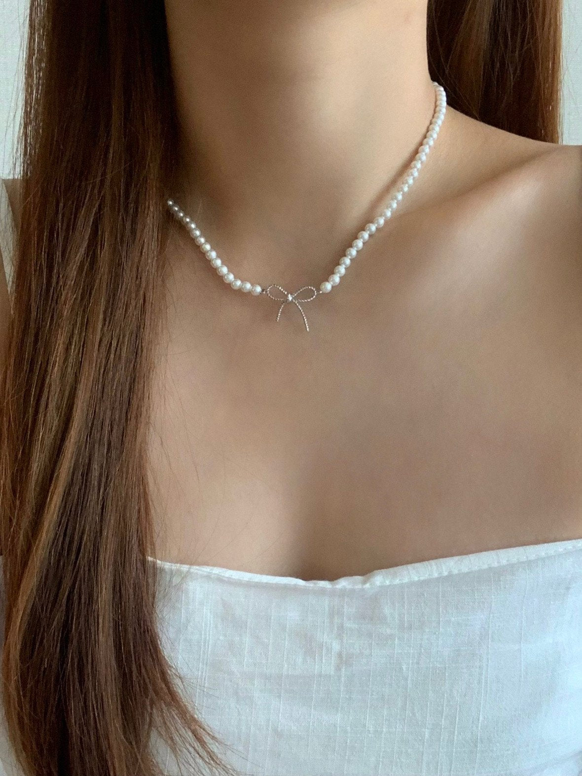 Swal pearl ribbon necklace