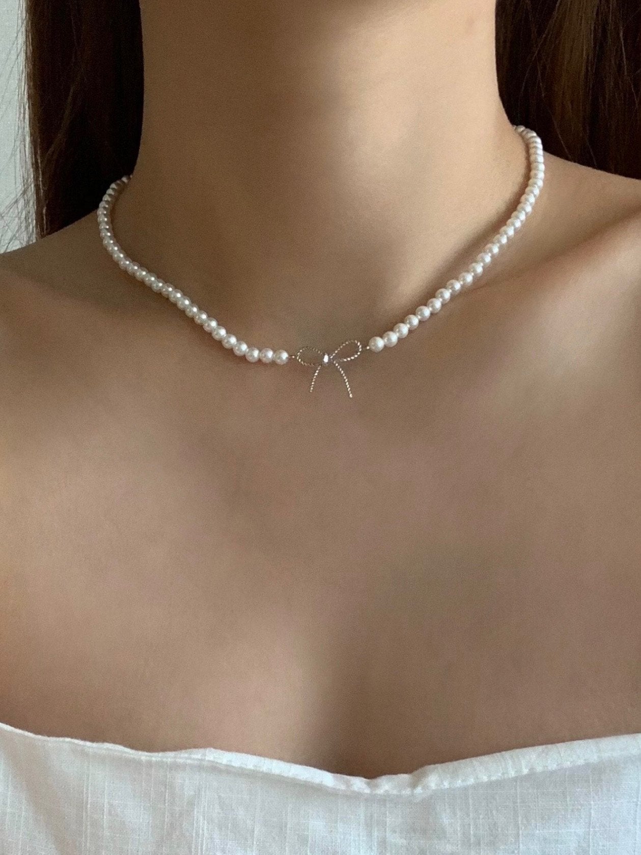 Swal pearl ribbon necklace