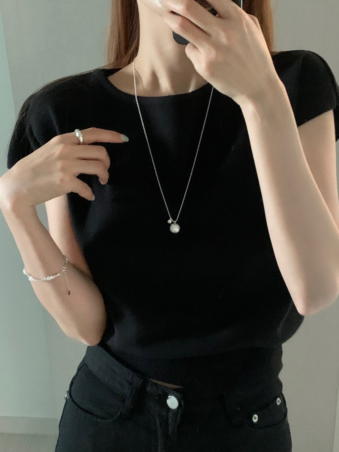 matte silver ball long necklace