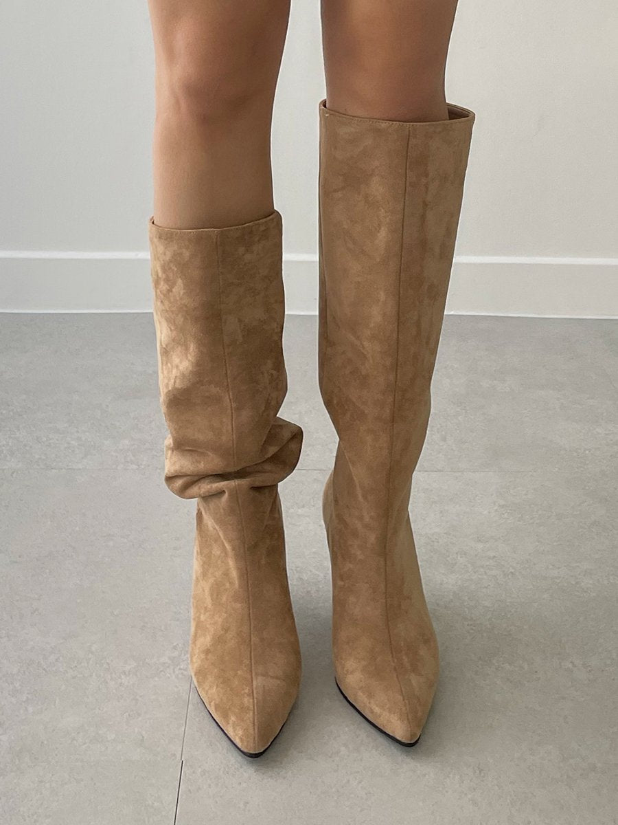 pleated suede long boots