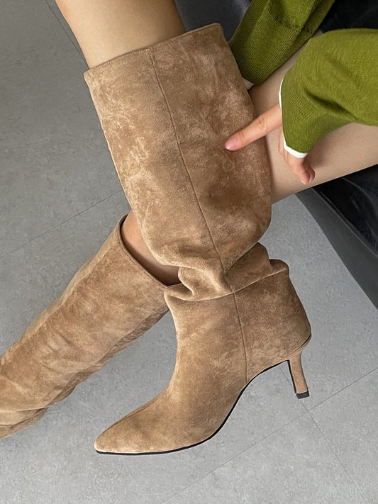 pleated suede long boots
