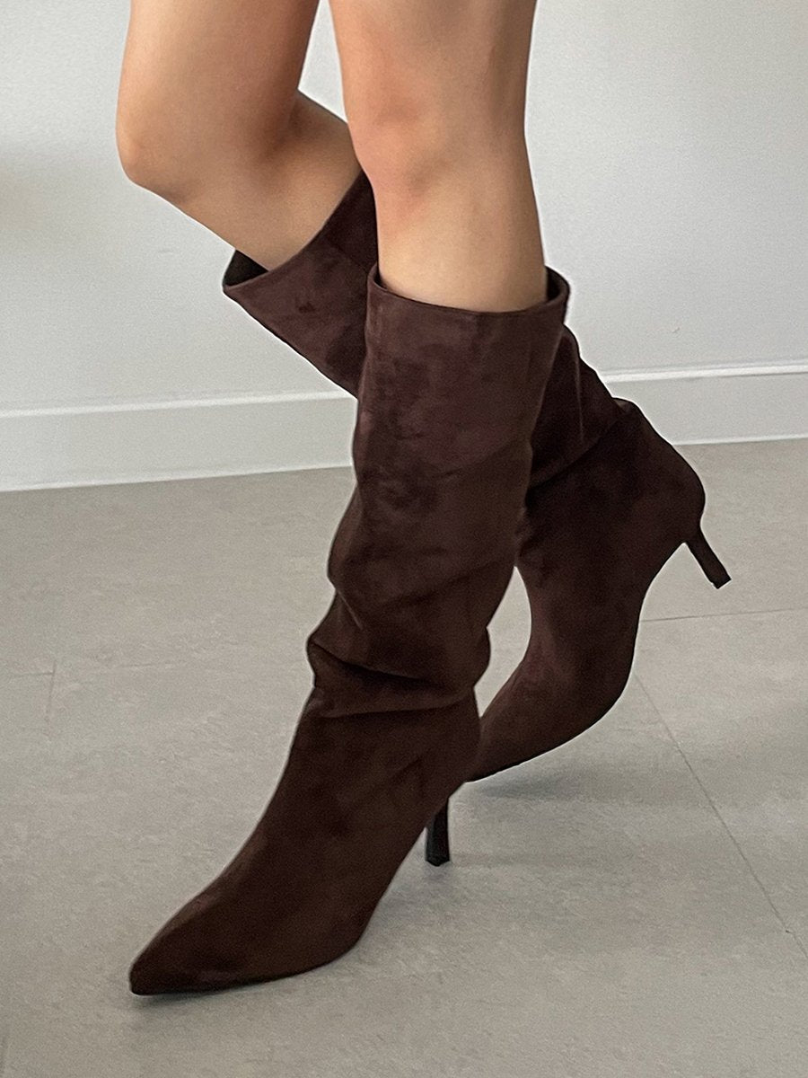 pleated suede long boots