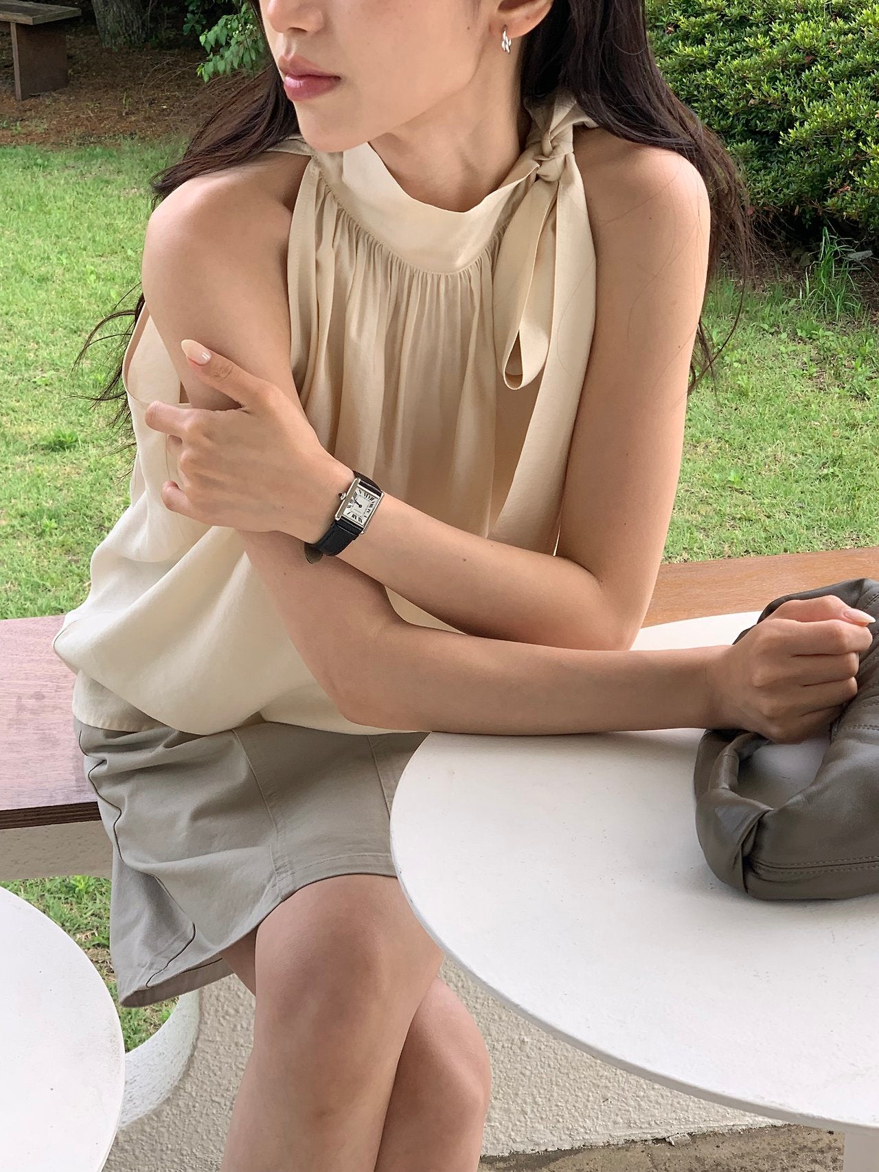 Vivien Shirring Neck Ribbon Blouse-2col