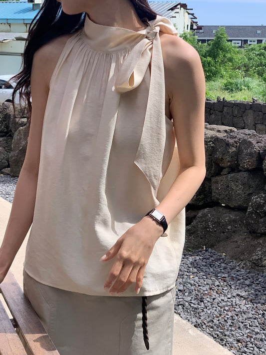 Vivien Shirring Neck Ribbon Blouse-2col