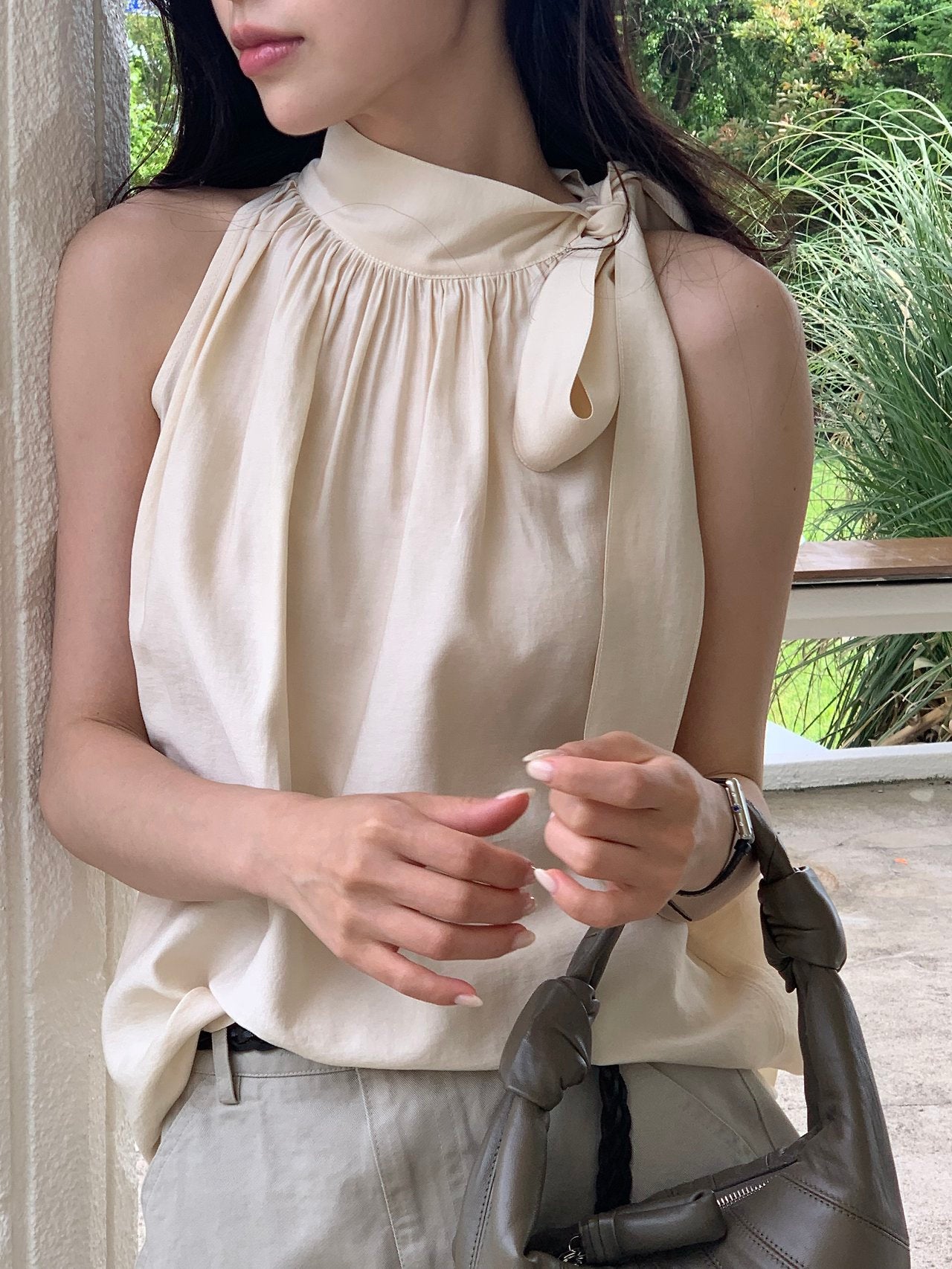 Vivien Shirring Neck Ribbon Blouse-2col
