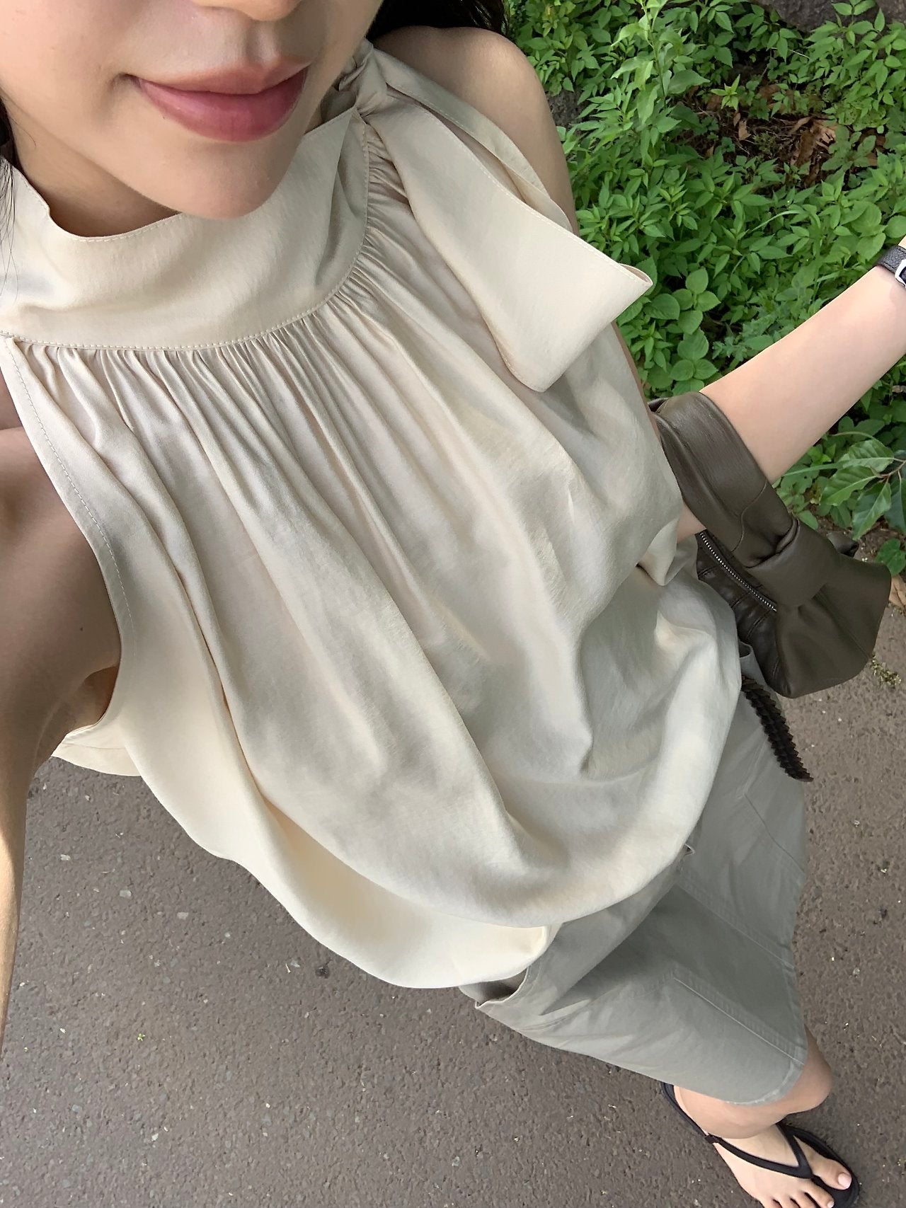 Vivien Shirring Neck Ribbon Blouse-2col