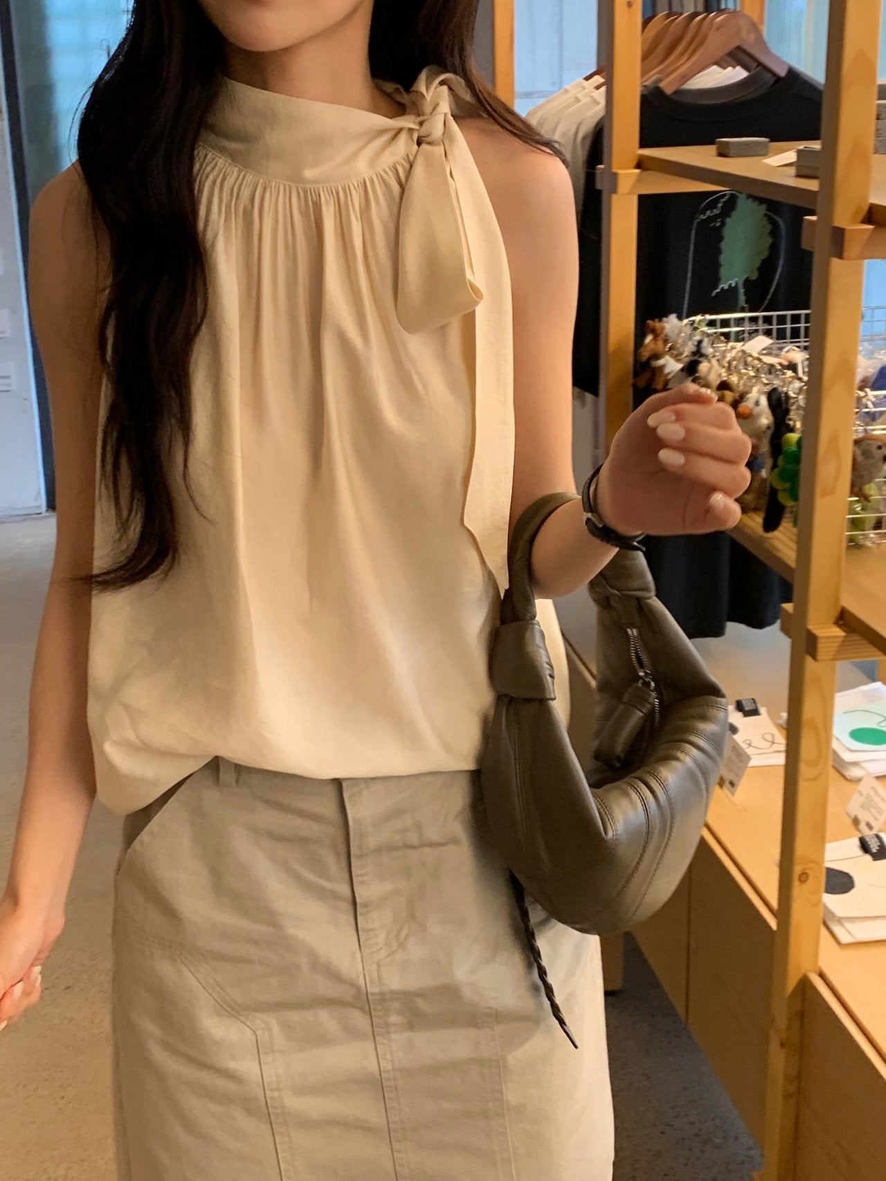 Vivien Shirring Neck Ribbon Blouse-2col