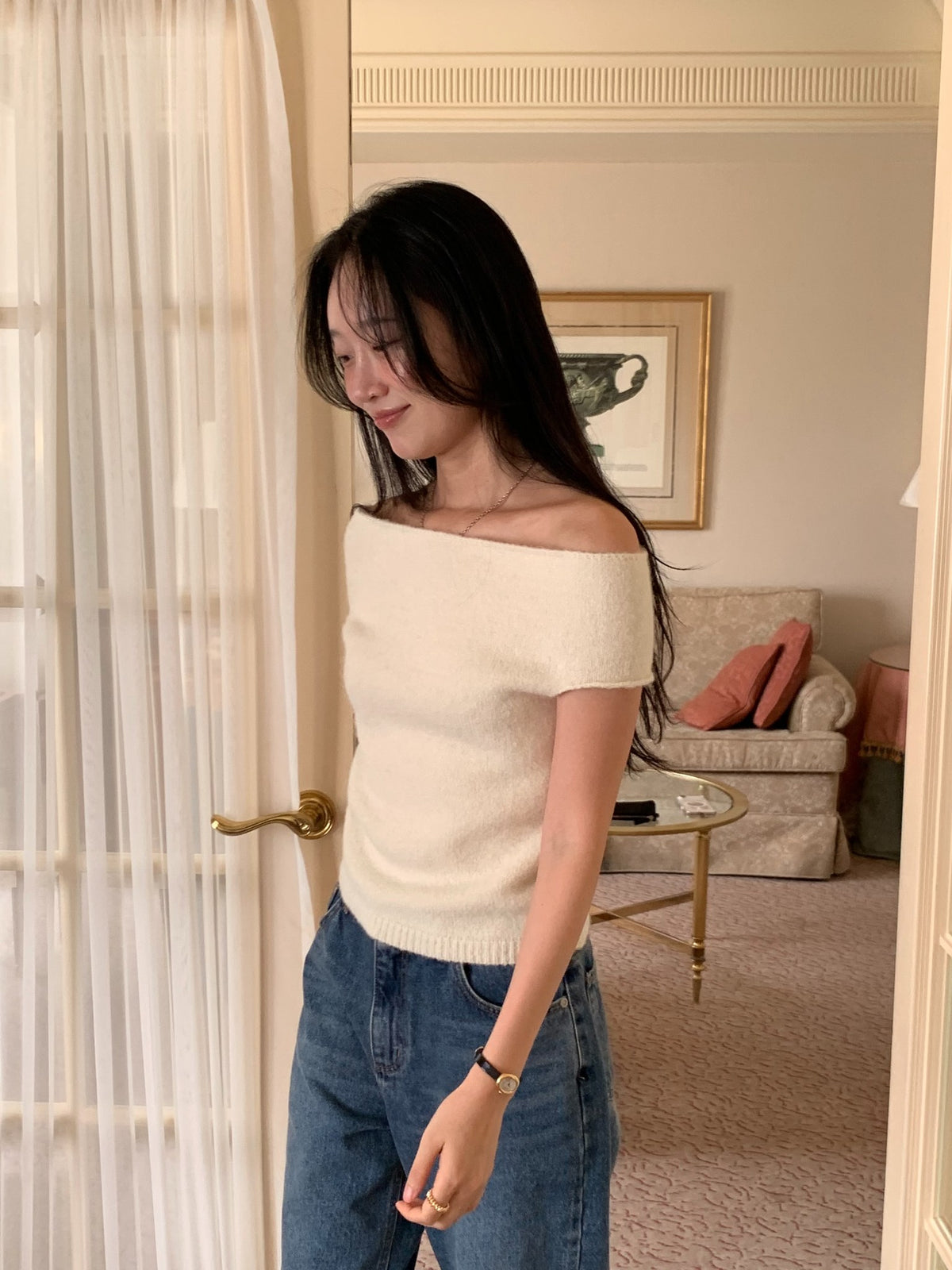 Dial off shoulder knit-4col