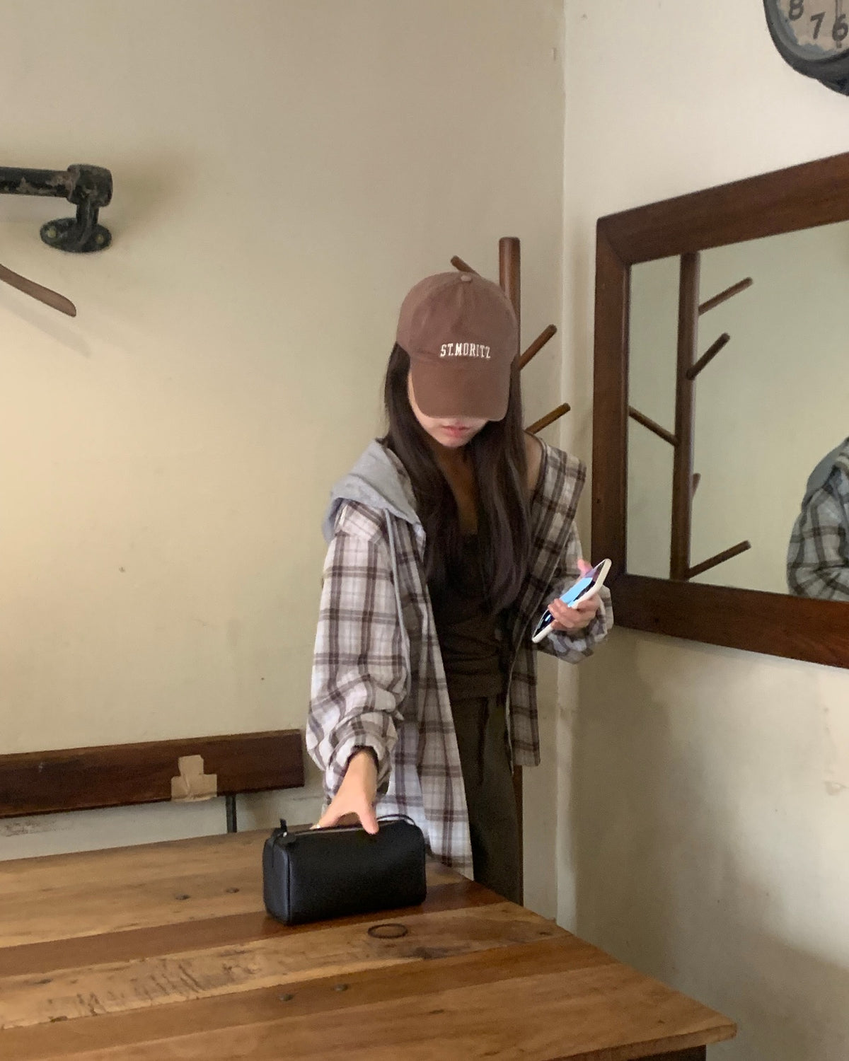 liter camel hood check shirt