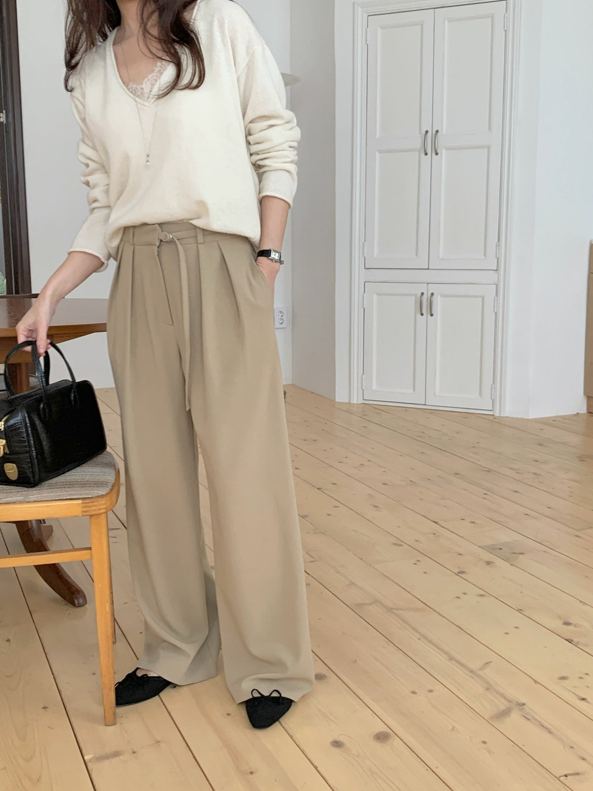 D-ring two pintuck wide slacks-3col/ショート丈あり